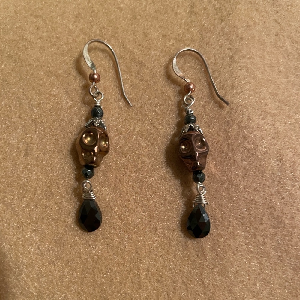 Copper Hematite Skull Earrings